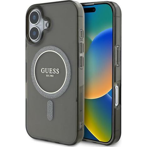 Custodia Guess Glitter Circle MagSafe per iPhone 16, nera (1/5)