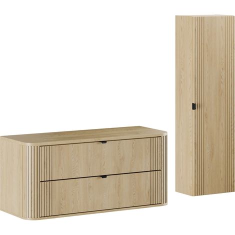 Ensemble OVALIA chêne meuble suspendu sous vasque avec plan 120 cm et colonne 40 x 140 cm (1/5)