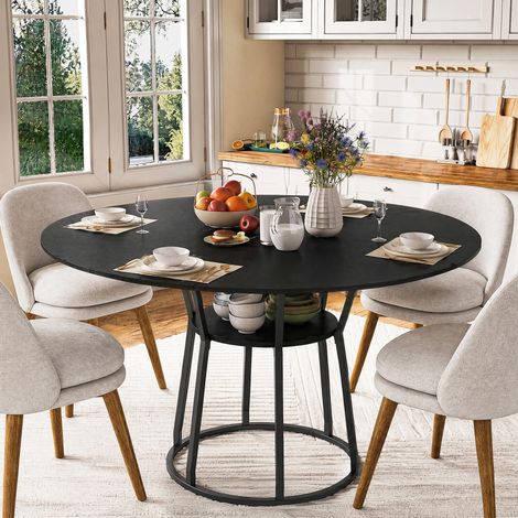 Mesa de comedor redonda - 120 x 120 x 75 cm - 4 paneles ensamblados de MDF y metal para 6 personas - Negro (1/5)