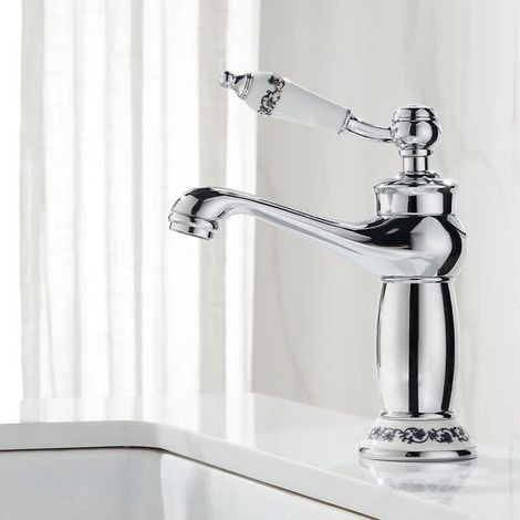 Rubinetto da bagno retrò, miscelatore vittoriano di lusso con maniglia in ceramica, rubinetti per lavabo con tubi flessibili, miscelatore acqua calda e fredda, ottone, cromo (1/4)