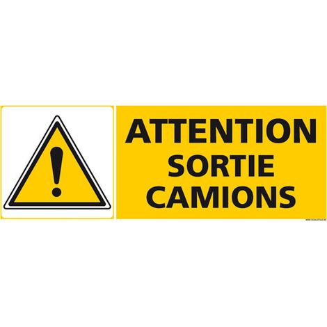 PANNEAU DE SIGNALISATION - ATTENTION SORTIE CAMIONS (C1293) - Adhésif - 350 x 125 mm