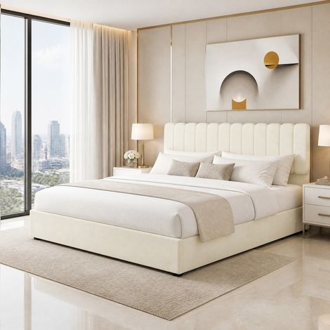 DESMIU Lit rembourré 160 × 200 cm 2 places sans matelas, en tissu et métal, beige (1/3)
