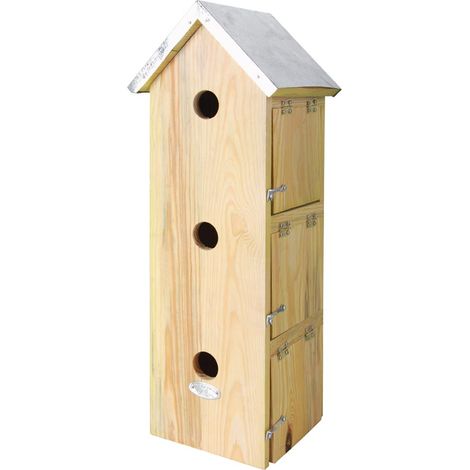 Esschert Design – Nichoir pour oiseaux – Villa des moineaux en pin et zinc – 3 nids intégrés – Diamètre d'entrée 32 mm – Dimensions 19,5 x 17 x 51 cm