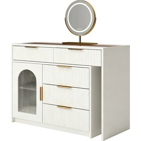 Tavolo da trucco moderno bianco con piano in vetro, specchio LED e finitura a rilievo MODENUIT (1/5)
