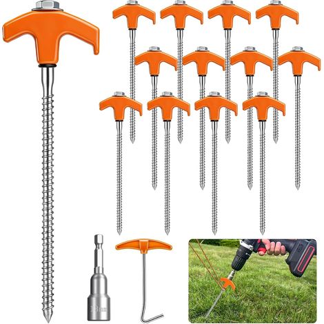 Lot de 12 Piquet de Tente à Visser,Sardines de Fixation Tente en Acie,Piquet Ancrage avec Filetage, Douille Hexagonale et Extracteur pour Bâche, Auvent, Camping et Randonnée (1/5)