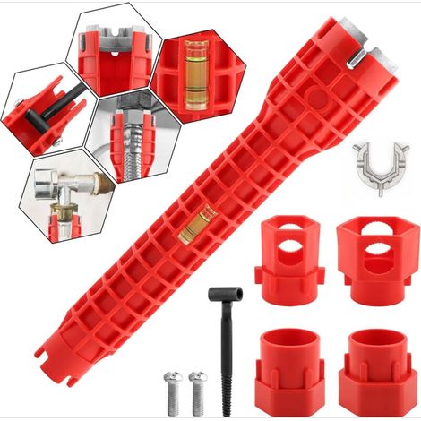 Clé Multifonction Plomberie 14-en-1 – Outil Installation Robinet et Clé Lavabo pour Évier, Toilettes et Cuisine, Clé de Plombier Universelle Rouge (1/5)