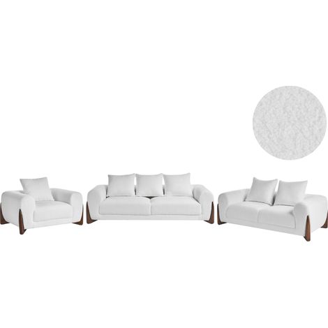 Ensemble Canapés et Fauteuil 6 Places Bouclé avec Accoudoirs et Pieds en Bois Salon Moderne Blanc Vinliden