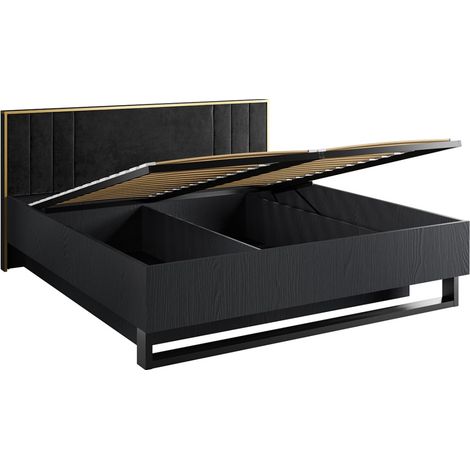 Lit coffre MONDO – 160x200 cm – Schwarz strukturiert und goldfarben – Metallfüße – Lattenrost inklusive