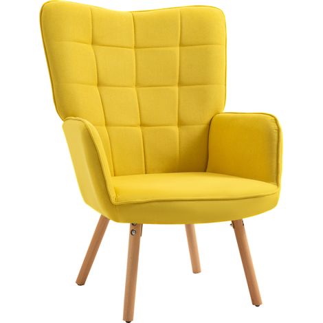 Modern Accent Chair, Upholstered Tufted Wingback Armchair with Seat Padding, Velvet Leisure Lounge Bedroom Chair with Wood Legs, Yellow