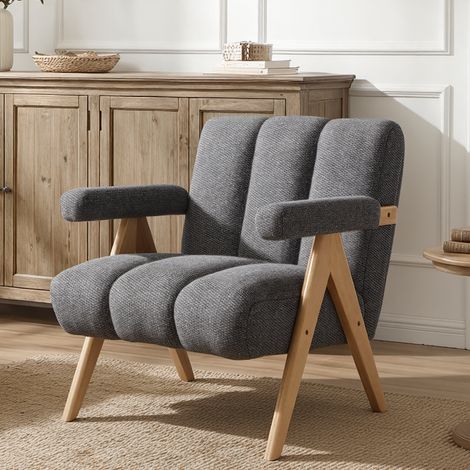 Wahson Poltrona Salotto con Tessuto Gambe in Legno, Design Moderno con Seduta Imbottita Gambe a V per Salotto/Camera da Letto /Studio, Grigio