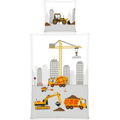Parure de lit Chantier de Construction, Housse de Coussin env. 80x80 cm, Housse de Couette env. 135x200 cm, avec Fermeture éclair facile, 100% coton, Renforcé (1/5)