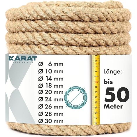 Karat – Corde en jute torsadée 3 brins – Ø 26 mm, 30 m – Résistante à l'eau, charge max 597 kg – Pour sport et bricolage