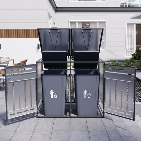 Coffre extérieur pour poubelles, abattant à vérin hydraulique, habillage bois aspect vertical, trous de ventilation, meuble de jardin en acier avec cadenas (1/5)