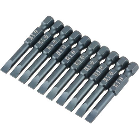 Jeu de 10 embouts de tournevis plats en acier allié S2, tige hexagonale de 6,3 mm (1/4 pouce), 50 mm (H6,3 x 50 x SL5 mm).