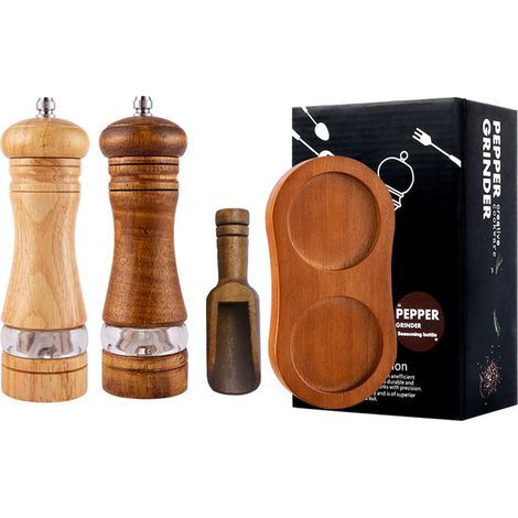 Ensemble de 4 moulins à sel et poivre en bois avec base et cuillère, style naturel (1/5)