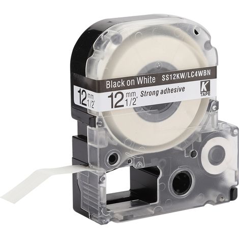 Ruban pour étiqueteuse 12 mm de haute qualité, compatible avec King Jim et Epson SR230CH, longueur 8 mètres, fond blanc, lettres noires. (1/5)