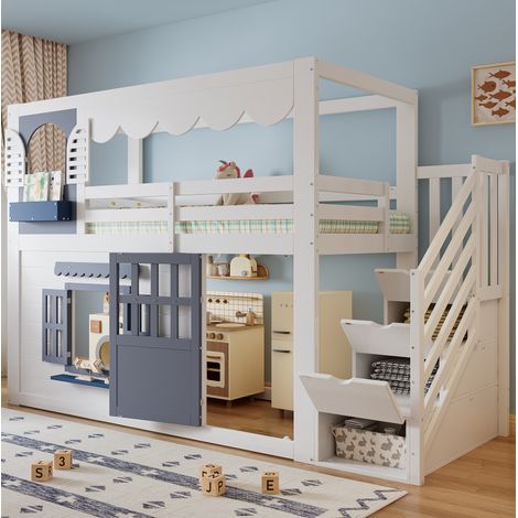 Lit mezzanine enfant 90x200 cm en bois, design maison blanc et bleu, porte et fenêtres ouvrantes, escalier avec rangement, bord de toit ondulé et espace de jeu – CHICFURN (1/5)