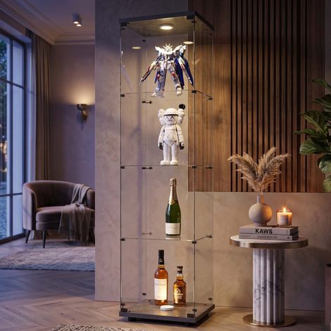 Creahappy Vitrine d'Exposition 4 Étagères 164cm  Verre Trempé Noir avec Éclairage LED  Gain d'Espace et Design Moderne  Anti-Poussière (1/5)