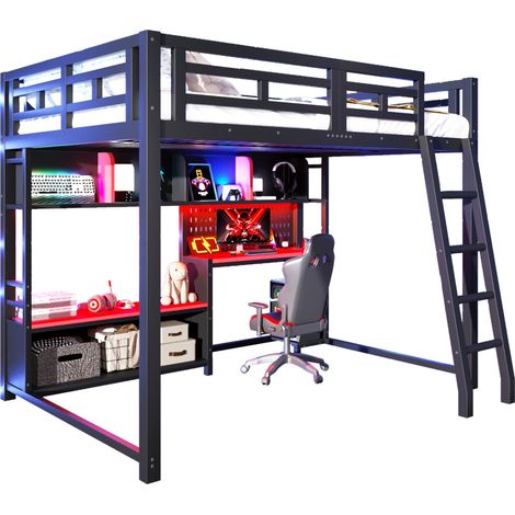 Lit mezzanine adulte 140x200 cm en métal avec bureau, LED RGB et étagères de rangement, noir et rouge (1/5)