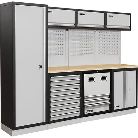 Arredamento modulare per officina garage FERVI A007U - 2640 x 498 x 2000 h mm - piano in legno (1/2)