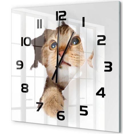 Grande Horloge Murale Carrée Silencieuse Verre Trempé Décoration Maison Moderne Chat dans le trou 60x60 cm (1/5)