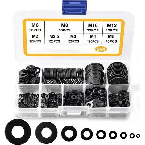 684 Pcs Rondelles Plates,M2 M2.5 M3 M4 M5 M6 M8 M10 M12 Rondelles Noires pour Gonds de Porte, Rondelles de Blocage Plates Métal, Rondelles Joint Plomberie Assortiment Kit (1/5)