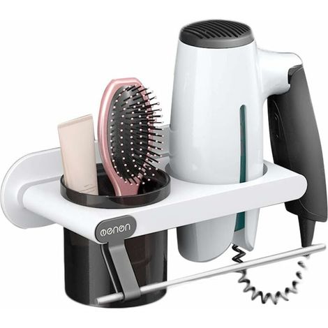 Ahlsen Wandmontierter Haartrocknerhalter, Haartrocknerhalter, Haartrocknerhalter mit Handtuchstange, abnehmbarer multifunktionaler Haartrocknerhalter für Badezimmer 13 cm 9 cm 23 cm (weiß) (1/5)