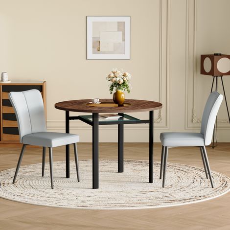 Ensemble Mesa y 2 Sillas de Comedor, Tablero Redondo de Vidrio y Madera, MDF, Marrón y Gris Claro (1/5)