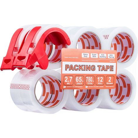 Ruban adhésif d'emballage transparent, 12 rouleaux 4,8 cm x 59,4 m, avec distributeur, épaisseur 2,7 mil, résistant pour déménagement, stockage et envoi (1/5)