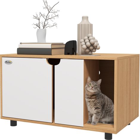 Bac à litière pour chat meuble 2 en 1 sur pied style scandinave avec portes 80 x 48 x 48 cm naturel blanc