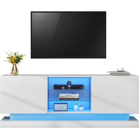 Meuble TV 160 cm Blanc Mat, Étagère Verre Ajustable, Charnières Silencieuses, TV Jusqu’à 70" (1/5)