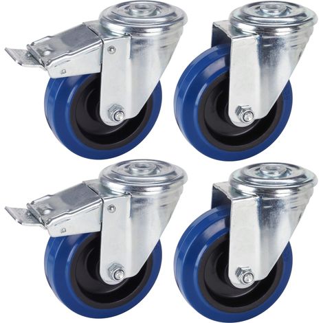 Dörner + Helmer Set di 4 ruote professionali da 100 mm, in gomma elastica blu, foro posteriore, mix di ruote, portata 450 kg (1/5)