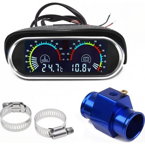 Kit de jauge de température de l'eau de voiture - 10-120 °C - Voltmètre CC 9-36 V - En aluminium - Tuyau bleu - Capteur de 32 mm (1/5)