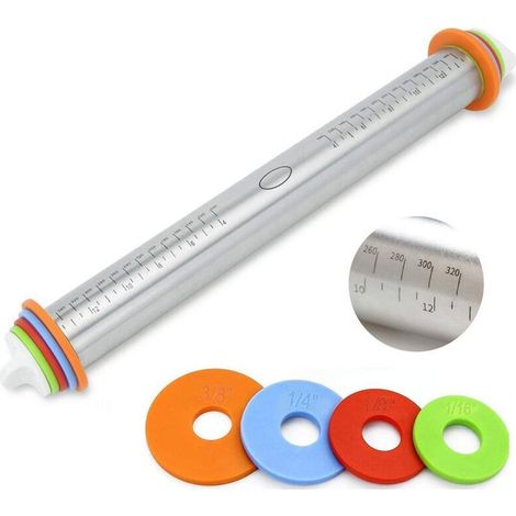 Rodillo de acero inoxidable ajustable para niños, para hornear pastas, galletas, pizzas, pasteles y pastas, con 4 anillos de grosor ajustables y extraíbles. (1/4)