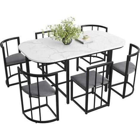Ensemble table et chaises - Ovale - 140x80cm - 6 places - Velours gris et fer noir (1/5)
