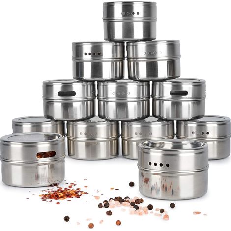 12 Pots à Épices Magnétiques en Acier Inoxydable Premium avec Couvercle Transparent (100ml) - Facile à Ouvrir, Solide & Pratique (1/5)