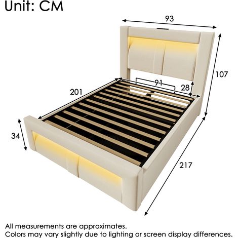 Lit beige 90x200 cm avec sommier hydraulique, tête rembourrée incurvée, éclairage LED pilotable via appli, ports USB-C, rangement intégré, velours, matelas inclus (1/4)