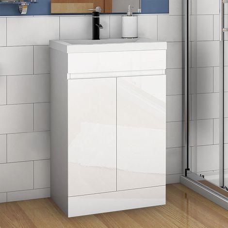 Biububath 500mm Bathroom Sink Vanity Unit with Ceramic Basin Gloss White Freestanding (1/5)
