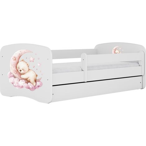 Lit enfant et junior 70 x 140 cm avec tiroir et barrière amovible, motif Rêve, blanc (1/4)