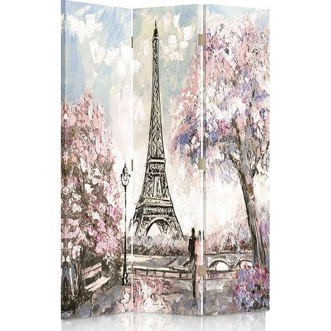 Paravent Déco Printemps à Paris - Charme Romantique - 110 x 180 cm - 1 face déco, 1 face noir