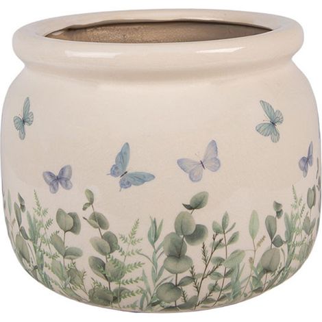 Pot de fleurs rond beige céramique papillons 20x15cm (1/3)