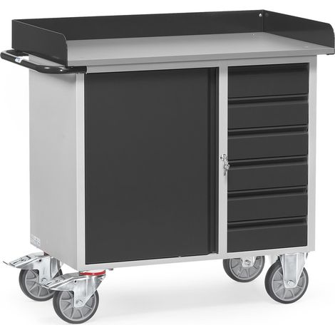fetra Werkstattwagen, Ladefläche  985 x 590 mm, anthrazitgrau, 1 Türe, 6 Schubladen, Arbeitsfläche mit Rand (1/2)