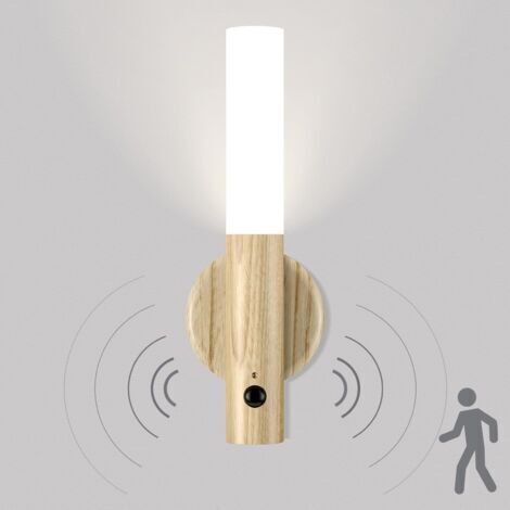 Applique Murale Sans Fil Bois, Veilleuse LED Rechargeable Murale avec Détecteur de Mouvement, lampe de chevet murale à Pile, Veilleuse Magnétique pour Escalier Chambre Couloir (Bois Clair)