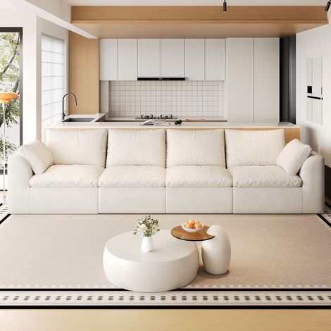 Canapé 310cm 4 Places Droit Nuage pour Salon Familial Mousse Haute Résilience Tissu Lin Beige Blanc (1/5)
