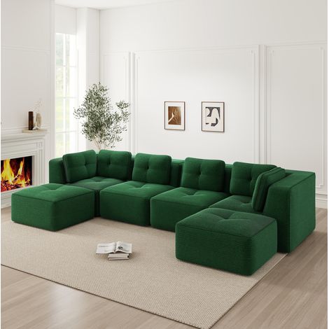 Canapé d’angle modulaire vert en velours côtelé avec ottomane, design antidérapant sans montage (1/5)