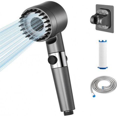 Pommeau de Douche Filtrant Anti-Calcaire Haute Pression - Douchette à Main 3 Modes + Mode Nettoyage "Power Wash" - Flexible 1.5m et Support Sans Perçage Inclus - Économie d'Eau