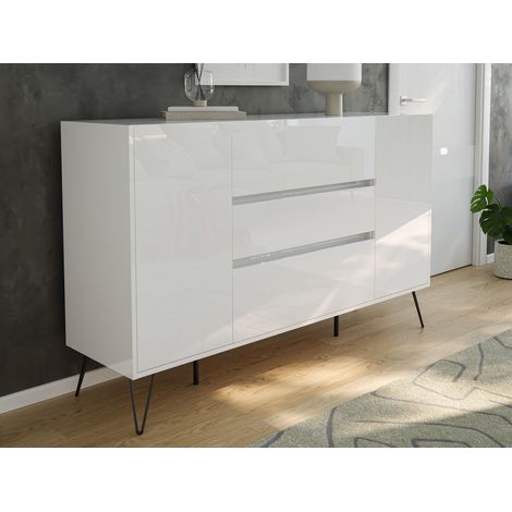 Design Sideboard Kommode Lovo 155cm Greifraum 3 SoftClose 2 Türen Weiß hochglanz (1/5)