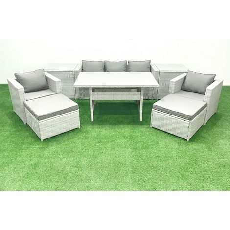 Fimous Gartenmöbel-Set aus Rattan mit Sofa Esstisch 2 Sesseln 2 Großer Hockern 2 Beistelltischen Hellgrau gemischt (1/5)