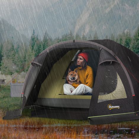 Tente de camping 2 places légère et stable avec protection UV 50+, tente tunnel avec auvent, porte latérale et fenêtre, noire (1/5)