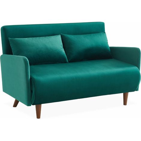 Canapé convertible velours 2 places scandinave - Panam - pieds bois. banquette. dossier inclinable Velours Vert (1/5)